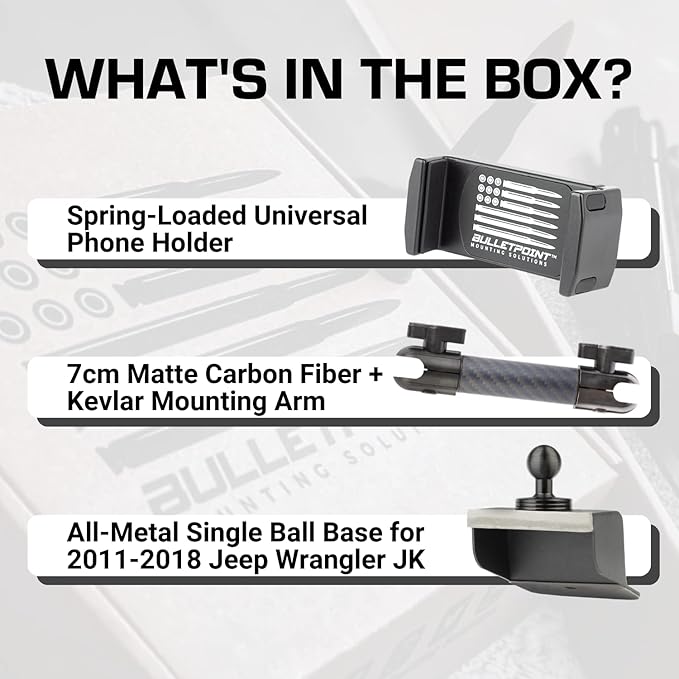 Bulletpoint Dash Mount Cell Phone Holder Compatible with 2011-2018 Jeep Wrangler JK JKU 20mm Ball Mount (Single Ball Metal Base with Phone Holder)