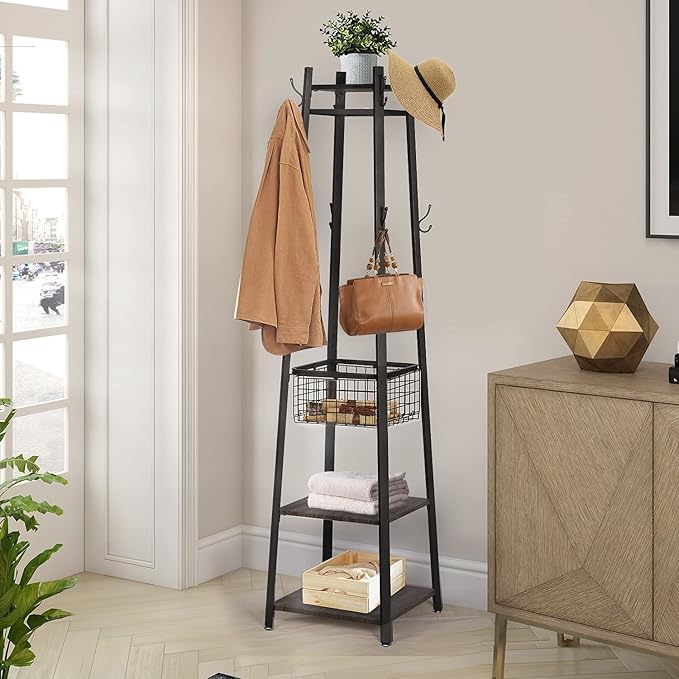 VECELO Coat Rack Freestanding, Entryway Clothes Stand with Metal Basket and 2 Shelves, Upgrade Hall Trees with 8 Dual Hooks for Bags, Hats, and Umbrellas, Industrial Styles, Vintage Brown+ Black