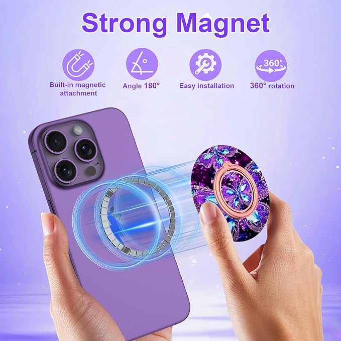 Magnetic Phone Ring Holder for MagSafe Grip,[Super Magnet],Stylish 360° Rotation Cell Phone Grip Stand Finger Ring Kickstand for iPhone 17 16 15 14 Pro Max,iPad and Smartphones,Butterfly