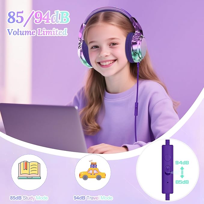 QearFun USB C Kids Headphones Wired with Mic, 85/94dB Safe Volume Limit, Foldable Over Ear, Tangle-Free Cord & Sharing Port, Wired On-Ear Headset for School, Chromebook, Tablet, Travel-Boys & Girls