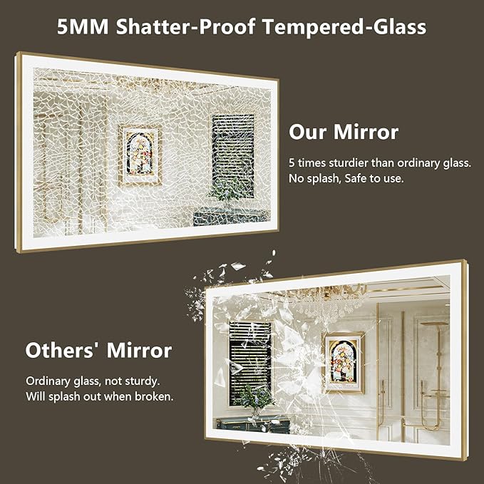 88x38 Inch LED Bathroom Mirror with Lights (Front Lit and Backlit) Gold Framed Lighted Vanity Mirror for Bathroom Wall Dimmable Anti-Fog Memory Tempered Glass Horizontal/Vertical