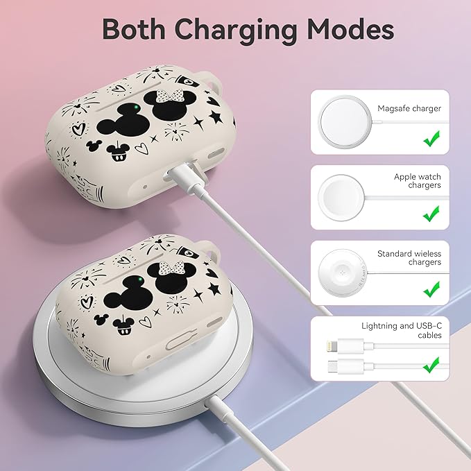 Compatible with Airpods Pro 2nd/1st Generation Case Cover with Keychain, Women Men Soft Silicone Two-Tone Cute Cartoon Engraved Convenience Protective Case, Front LED Visible Starlight/Black
