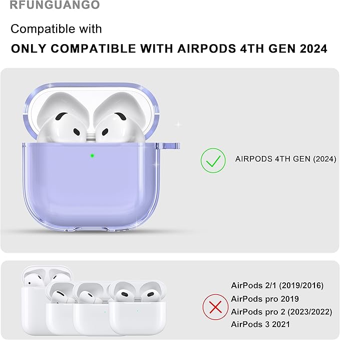 RFUNGUANGO AirPods 4 Case Clear, Soft TPU Transparent with Cleaning Kit & Keychain, Compatible with Magsafe, Compatible Apple AirPods 4 (2025) Generation Protective Case, Purple