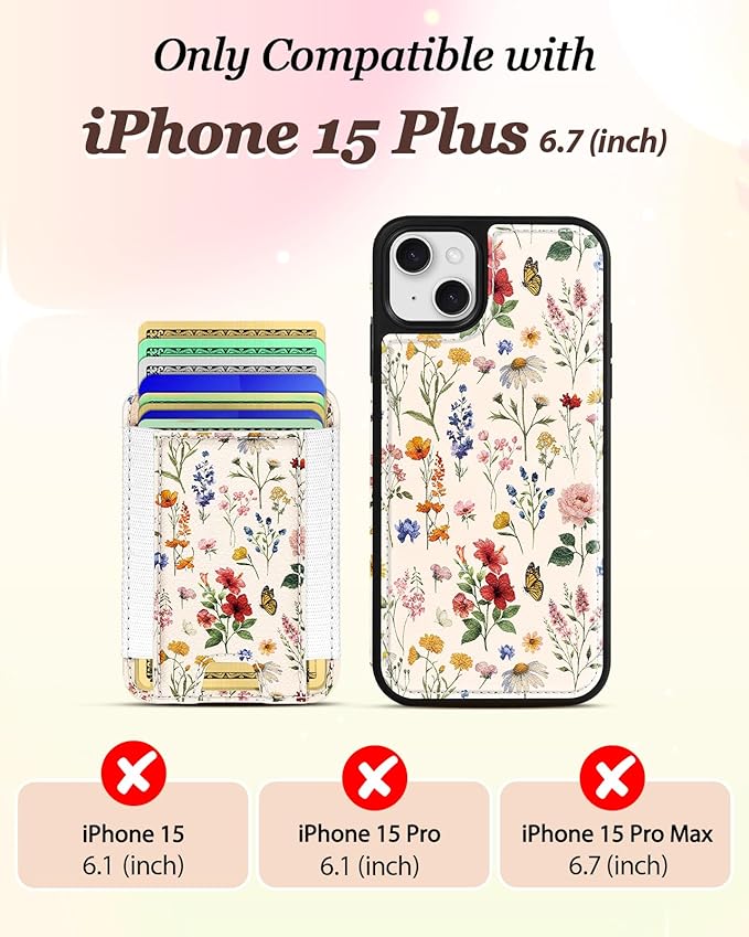Shorogyt for iPhone 15 Plus Case Wallet - Fits 5 Cards, Compatible with Magsafe Detachable Magnetic Credit Card Holder Leather Cardholder Cute Phone Cover Women Girls for Apple 15Plus, Floral