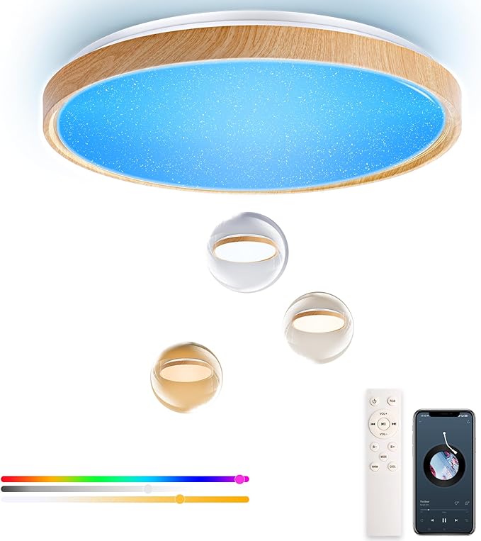 WF-Version LED Ceiling Light with Speaker 60W 20Inch Control via app/Voice/Remote Adjustable Brightness & Color Temperature Ceiling Lamp RGB Ambient Lighting for Bedroom Kids Room and More