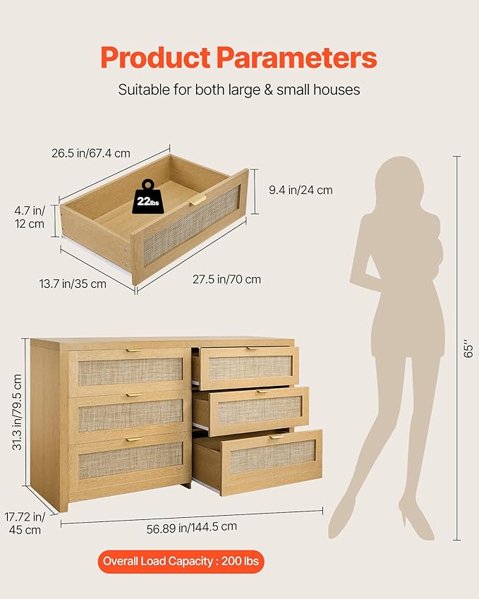 VEVOR Large Dresser for Bedroom, 57" Wide Rattan Dresser 6 Drawer, Wooden Modern Dressers Chest of Drawers with Metal Handle, Clothes Closet Storage Organizer Boho TV Stand for Living Room,Natural Oak