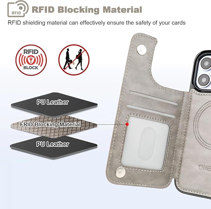 ONETOP Compatible with Magsafe for iPhone 13 Pro Wallet Case with Card Holder, PU Leather Kickstand RFID Blocking Case, Double Magnetic Clasp and Durable Shockproof Cover 6.1 Inch (Grey)