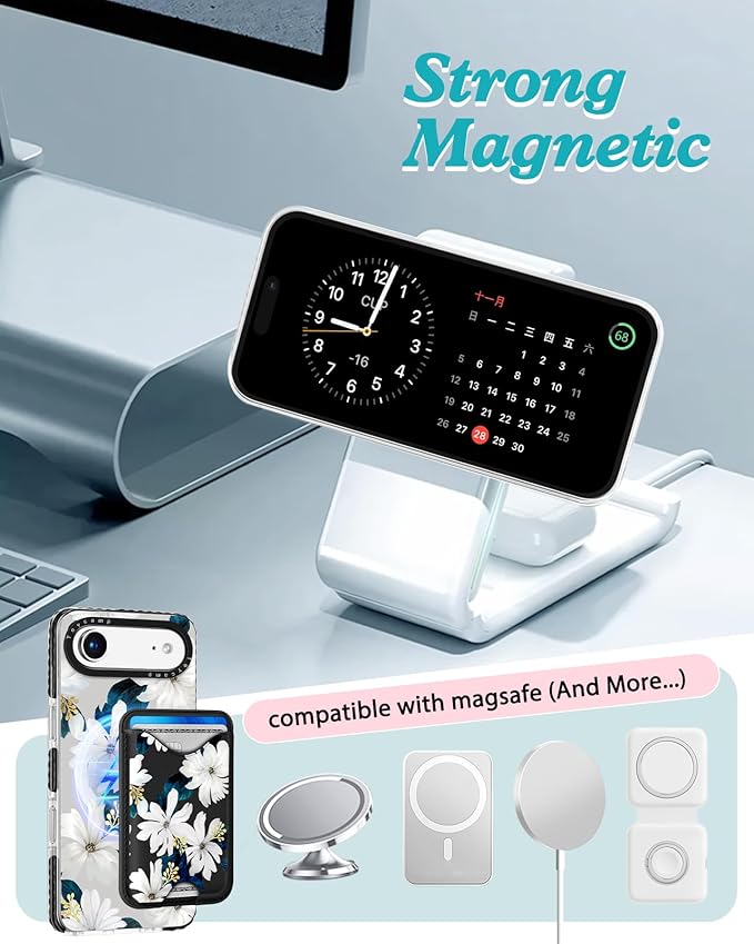 Toycamp for iPhone 17 Air Case - Compatible with Magsafe Credit Card Holder Wallet Magnetic Cute Women Teen Girls Kawaii Girly Unique White Flower Design Phone Cover for Apple 17 Air