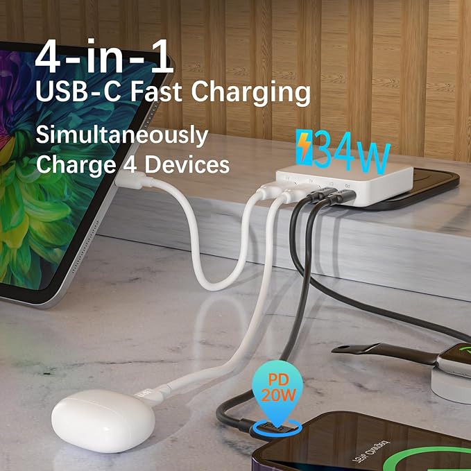 BUDI Flat USB C Wall Charger, 34W 4-Port Slim USB Wall Charger, Fast Charging Block with 20W Port Power Delivery and Dual Type-C for iPhone 16/15/14/13/12/11/Pro Max/XS/XR/8/7,Tablets