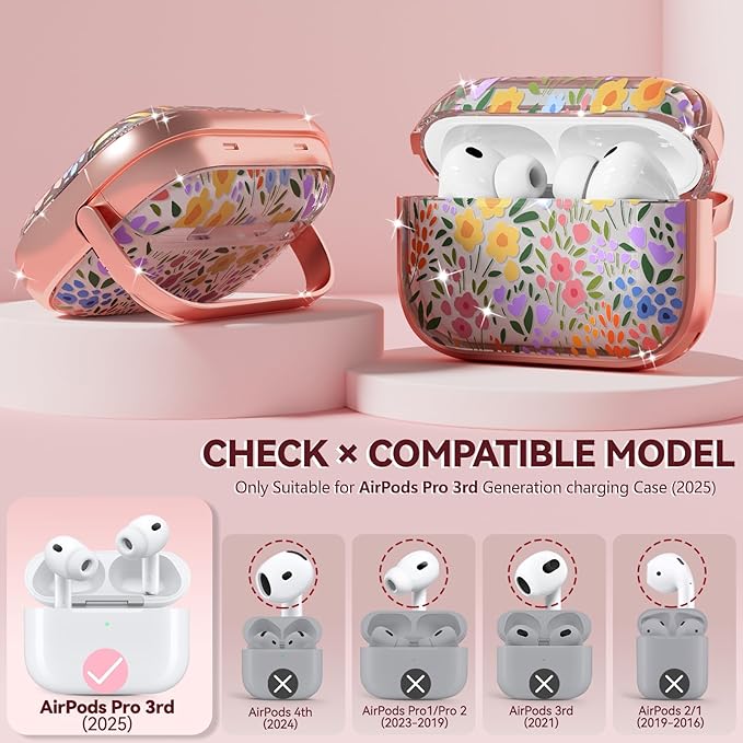 Inesore for AirPods Pro 3 Case 2025 with Lock, Floral Cute AirPod Pro 3 Generation Case for Women Girly with Cleaner Kit and Keychain-Seven Color Flower
