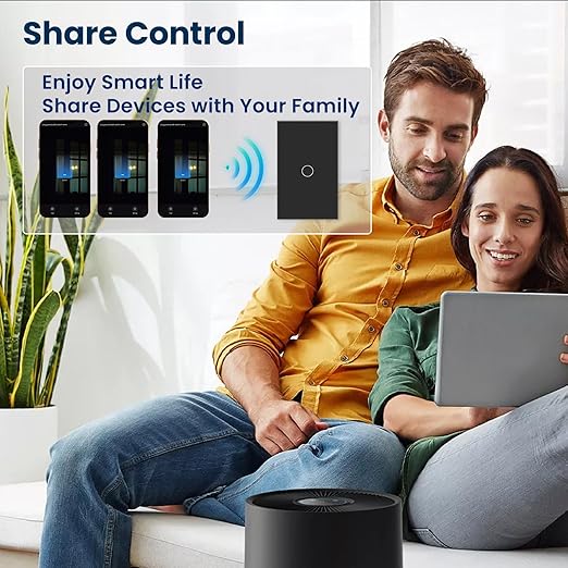 WiFi Smart Wall Light Switch, 3 Way Multi-Control, 2.4GHz Wi-Fi Touch Switch, Neutral Wire Required, Adapt with Smart Life/Tuya App, Compatible with Alexa and Google Home, Black 1 Gang