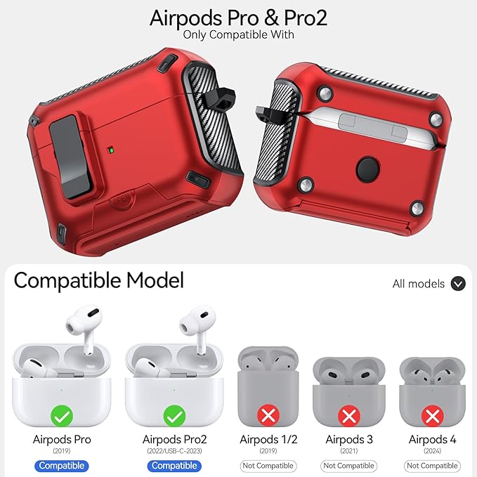 for AirPods Pro 2nd/1st Case (2023/2022/2019) with Phone Stand,（with Automatic Snap Switch） Carbon Fiber Design Protection Cover with Cleaning Pen,Red