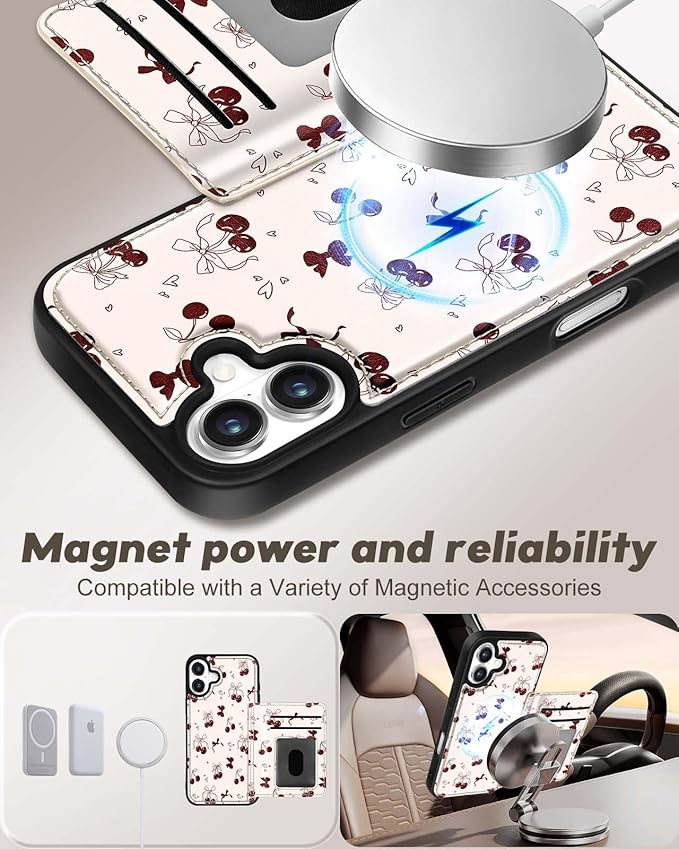 for iPhone 16 Plus Case with Wallet - Fits 4 Card Slots, Compatible with MagSafe for Women Aesthetic Durable PU Leather Credit Card Holder Kickstand Phone Cover for Apple 16 Plus, Bow Cherry