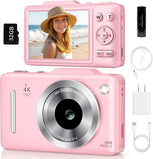 Digital Camera 4K for Kids-48MP Autofocus Vlogging Camera with 32GB Card, 16X Zoom, Anti-Shake, Compact Point and Shoot Camera for Teens Beginners, Birthday Gift Pink