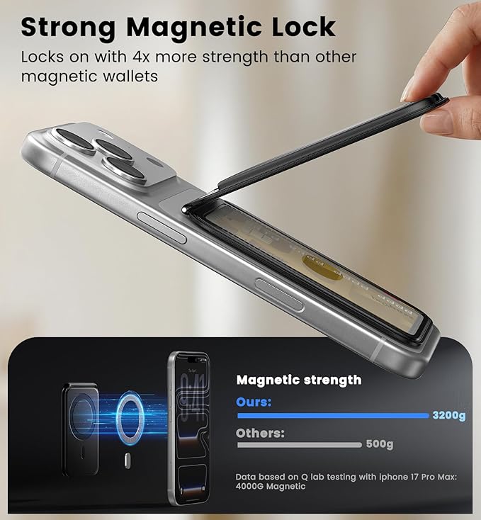 Magnetic Phone Wallet With Makeup Mirror - Mag Safe Wallet Leather RFID-Blocking Mag-Safe Card Holder for iPhone 17/16/15/14/13/12 Series, Not for iPhone 13/12 Mini (Black)