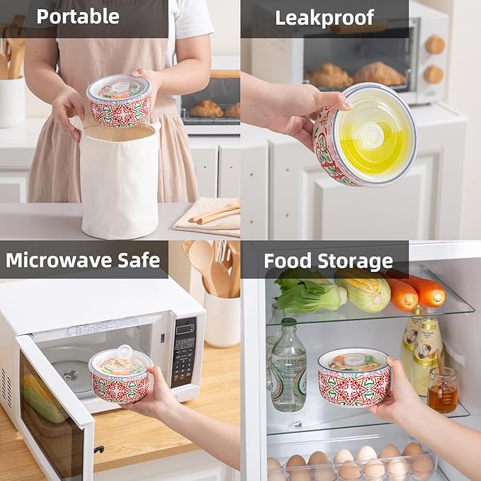 Ceramic Bowls Set with Lids: Set of 4 Microwave Safe Bowls for Soup Meal Prep Cereal Salad Fruit - Food Storage Containers with Lids for Work Lunch Pinic Camping - Pattern A1