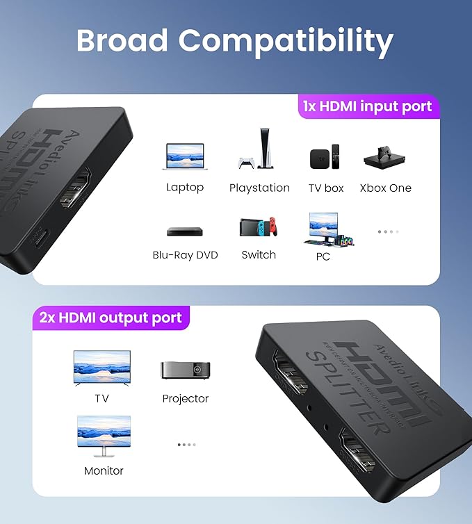 avedio links HDMI Splitter 4K@60Hz, HDMI Splitter 1 in 2 Out-Not Extended Display(Only Mirror Screens), Support 3D Dol-by Vision Atmos HDMI2.0b, HDCP2.2, 18.5Gbps, Auto Downscaling, Full HD 1080P