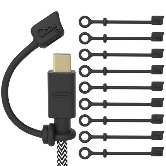 Cozy USB C Cable Caps, Dust Protection Covers with Tether, Travel Portable, Black, 10 Pack