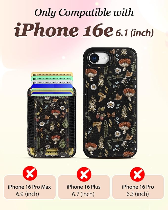 Shorogyt for iPhone 17e/16e Wallet Case - Fits 5 Cards, Compatible with Magsafe Detachable Magnetic Credit Card Holder Leather Cardholder Cute Phone Cover Women Girls for Apple 17e/16e, Mushroom