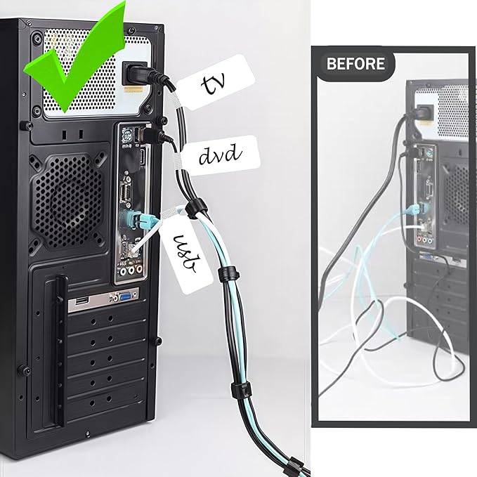 48 Pcs Cable Labels with Black Marker & Reusable Hook and Loop Ties - 24 Pcs Write-On Wire Labels + 24 Pcs Cable Ties for Electronics, Computer, Home and Office Cord Organization and Identification