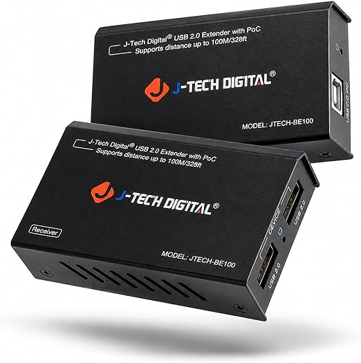J-Tech Digital USB Over Ethernet Extender USB Balun Over cat5e cat6 99m/328ft PoC, Play and Plug, No Driver Needed, USB2.0 for Game Controller, MAC & PC and Supported Devices [JTECH-BE100]