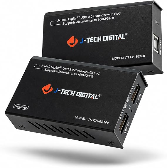 J-Tech Digital USB Over Ethernet Extender USB Balun Over cat5e cat6 99m/328ft PoC, Play and Plug, No Driver Needed, USB2.0 for Game Controller, MAC & PC and Supported Devices [JTECH-BE100]