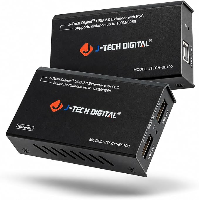 J-Tech Digital USB Over Ethernet Extender USB Balun Over cat5e cat6 99m/328ft PoC, Play and Plug, No Driver Needed, USB2.0 for Game Controller, MAC & PC and Supported Devices [JTECH-BE100]