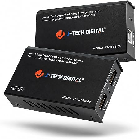 J-Tech Digital USB Over Ethernet Extender USB Balun Over cat5e cat6 99m/328ft PoC, Play and Plug, No Driver Needed, USB2.0 for Game Controller, MAC & PC and Supported Devices [JTECH-BE100]