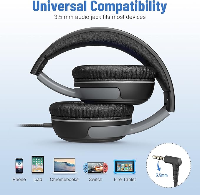 rockpapa Share 1 Kids Headphones Wired with Microphone & Share Port, 85dB/94dB Volume Limited, Cute Foldable Student Child Boys Girls Headphones for School/Classroom/Travel Black/Grey