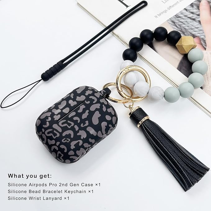 Compatible with Airpods Pro 2nd Generation Case Cover 2022, Soft Silicone Protective Cover with Bracelet Keychain for Apple Airpods Pro 2 Case for Women (Grey Leopard Cheetah)