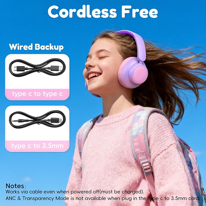 Active Kids Noise Cancelling Headphones, 60H Play Time Kids Bluetooth Headphones, Volume Limited, Bluetooth 6.0, USB C Charging, Headphones for iPad Tablet Airplane,Gradient Pink