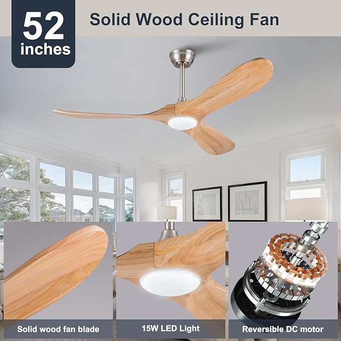52 Inch Solid Wood Ceiling Fans with Lights and Remote Control,6 Speeds,Noiseless,Reversible DC Motor,Modern Ceiling Fan with Light for Indoor/Outdoor Bedroom,Patios(Natural Wood Grain)