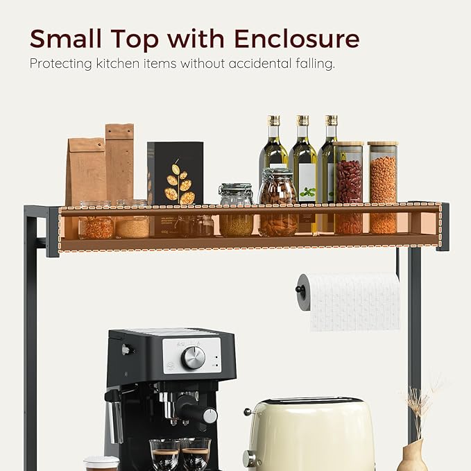 Bakers Rack with Power Outlet, Microwave Stand with Paper Holder, Bakers Rack with Storage, Coffee Bar Station with 6 Hooks, for Kitchen, Dining Room, Rustic Brown and Black BRHR361E01