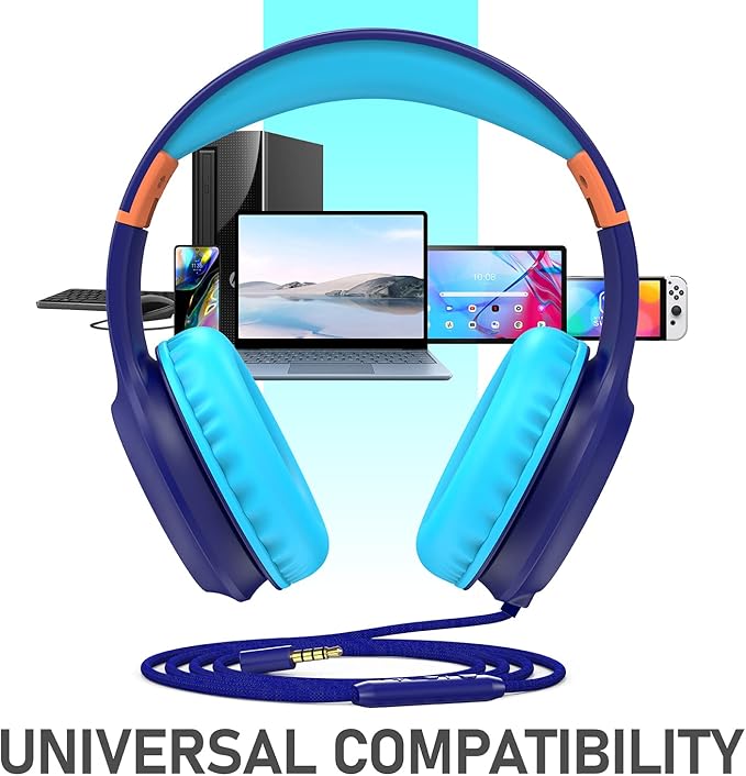 FosPower Kids Headphones with 3.5mm Laced Cables, Children & Teens Over The Ear Foldable Adjustable Headset w/Built-in Mic for Smartphones/PC/Tablet/Laptop/School (Max Volume 85dB) - Blue