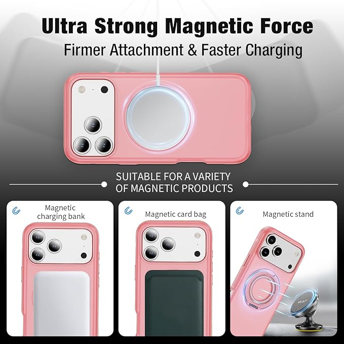 for iPhone 17 Pro Max Case [Compatible with Magsafe] [15 FT Military Grade Drop Protection] with Screen Protector & Lens Protector,Shockproof Kickstand Phone Case for iPhone 17 Pro Max (Pink)