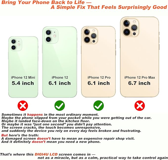 DIGI4U LCD for iPhone 12/12 Pro Screen Replacement, 6.1''[3D Touch][Small Notch] Screen for iPhone 12/12 Pro Display Digitizer Assembly, with Repair Tools for iPhone 12/12 Pro LCD