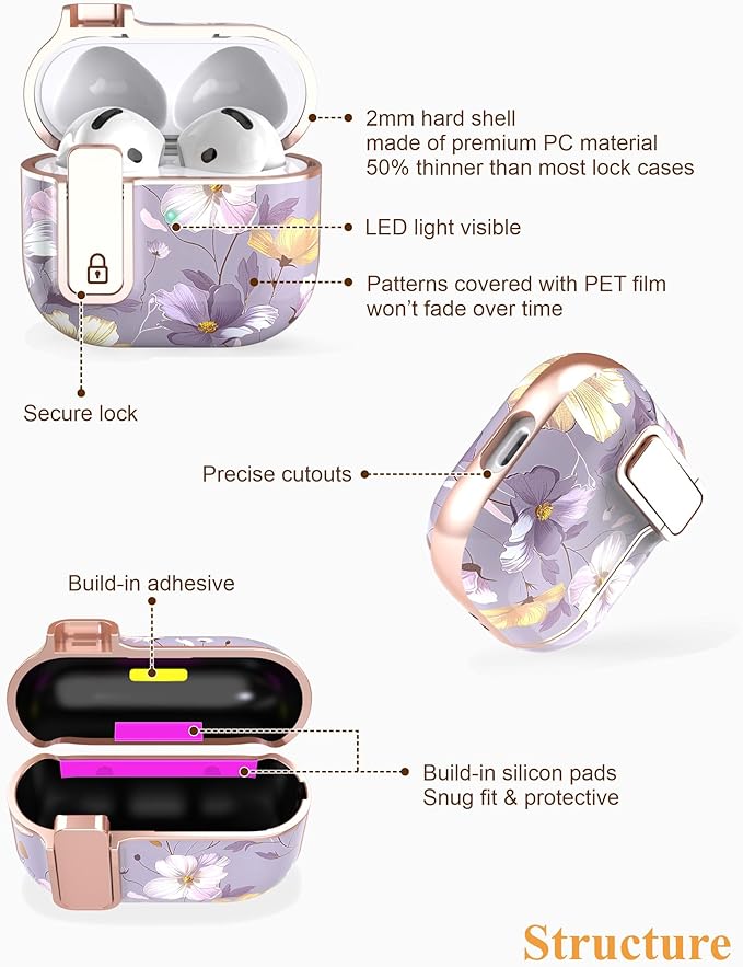TATOFY Cover for AirPods Pro 4th Generation Case with Lock Clip Cleaner Kit Slim Hard AirPod 4 Lock Case Compatible with MagSafe (Violet)