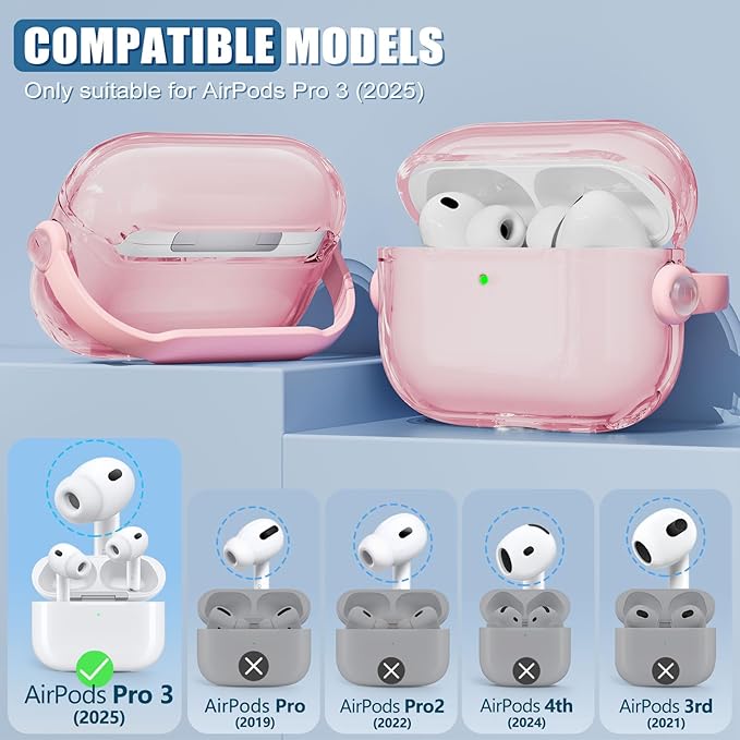 for Airpods Pro 3 Case,Safety Lock Cases for Apple Airpod Pro 3 (2025) with Phone Stand & Cleaner Kit,Drop Protection Air pods Pro3 Case Cover for Men Women with Keychain,Clear Pink