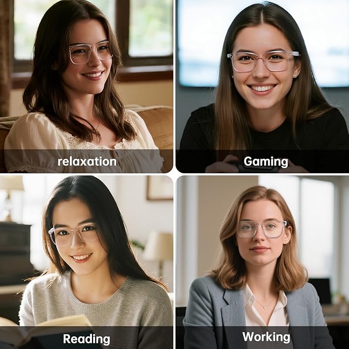 Smart Glasses for Women, Clear Frame Blue Light Glasses, Magnetic Charging, Open-Ear Design, Voice Assistant, Bluetooth Glasses with Speakers, Audio Eyeglasses for Working Gaming (GS03-C)