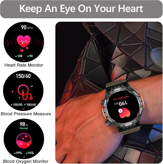 YoYoFit Military Smart Watch with LED Flashlight, Compass, SOS, Rugged Tactical Bluetooth Answer/Dial Calls, Heart Rate Blood Pressure Sleep Monitor Compatible for Android and iOS, Green