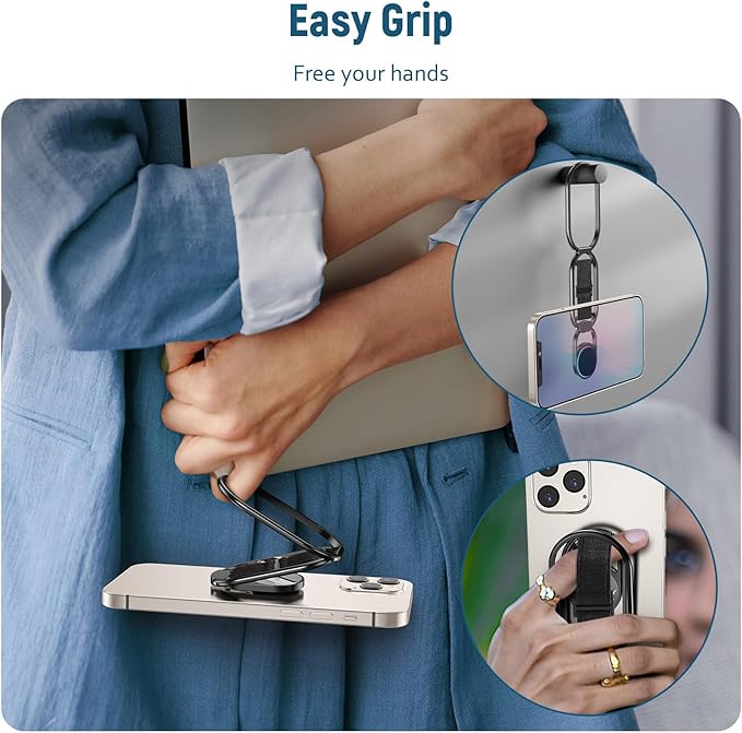 [2025 New] Mindsky Phone Grip for Kickstand Compatible with Finger Loop, 3-in-1 Phone Ring Holder Strap for All Mobile Phones-Black (Ligament Type) (3 in 1 Phone Ring Holder) (3M Adhesive Phone Ring)