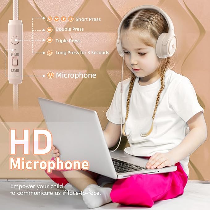 Kids Headphones with Cord-3.5mm Jack 85/94dB Safe Volume Control Built-in Microphone On-Ear Headphones for Kids/Teens/Girls/School/Travel/3.5mm Devices(Beige)