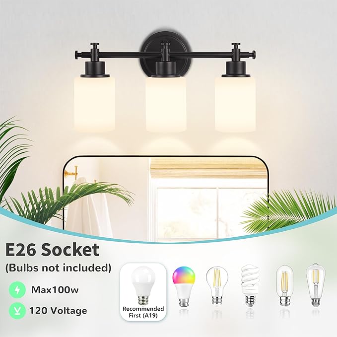 3-Light Black Bathroom Light Fixtures, Modern Vanity Lights Over Mirror, Bathroom Wall Sconces with White Glass Shade, E26 Socket, 15.75" Compact Vanity Light Fixtures