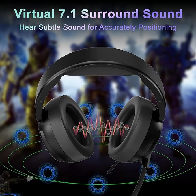 Jeecoo V20U USB Pro Gaming Headset for PC - 7.1 Surround Sound Headphones with Noise Cancelling Microphone- Memory Foam Ear Pads RGB Lights for Laptops