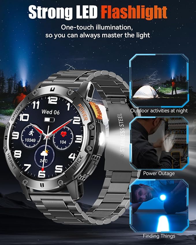 Military Smart Watches for Men with Bluetooth Call, 1.43" AMOLED Waterproof Smartwatch with Flashlight, 111 Sport Modes, 530mAh Heart Rate/SpO2/Sleep Monitor Fitness Tracker for Android iOS
