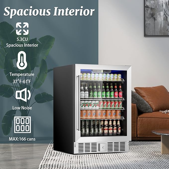 24 Inch Beverage Refrigerator, 182 Cans Built-in Cooler, Digital Temperature Control, LED Lighting, Adjustable Shelves, Freestanding Beer Fridge for Home, Bar, Office(5.3 Cu ft)