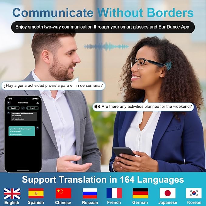AI Smart Glasses, Bluetooth Audio Glasses with Real-Time Translator for 164 Languages, No subscription for APP, Photochromic Lens, Spring Hinges, Bluetooth Glasses for Travel/Work/Study(Gold)