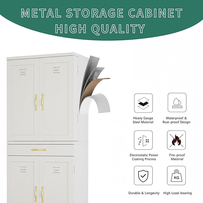 YITAHOME 71" Metal Kitchen Pantry Storage Cabinet with 4 Doors, 4 Adjustable Shelves, 1 Drawer and 8 Door Racks, Tall Freestanding Steel Cupboard for Home Kitchen Living Dining Room, White
