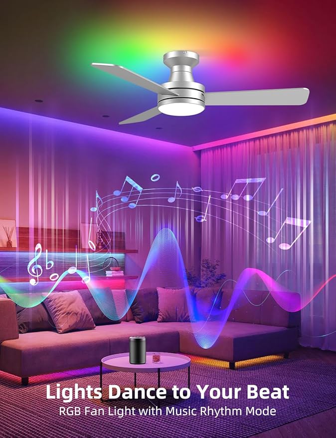 42" RGB Ceiling Fan with Light, Music Sync Smart Fan with Alexa/Google/App Control, Low Profile Flush Mount, 6-Speed Quiet DC Motor, 4 CCT Dimmable Lighting for Bedroom Living Room, Silver