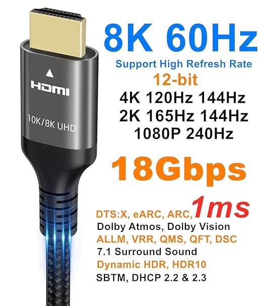 Ubluker 8K HDMI Cable 48Gbps 33 FT, Nylon Braided High Speed HDMI® Cable 4k 120Hz 2k 165Hz 8k 60Hz 12bit eARC ARC Dolby Atmos HDR10+ HDCP2.3 Compatible for Gaming PC TV Soundbar Monitor Mac PS5 Xbox